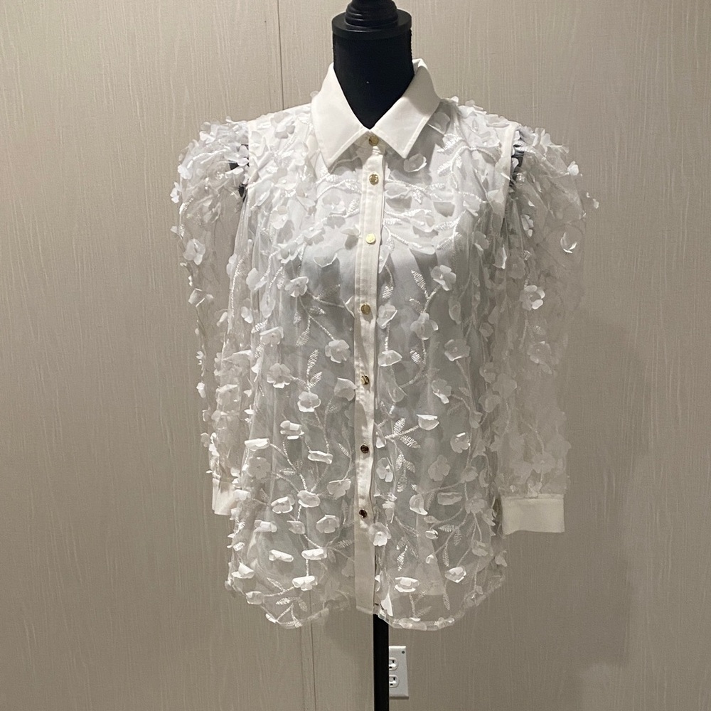 Anne Klein White Textured Floral Blouse